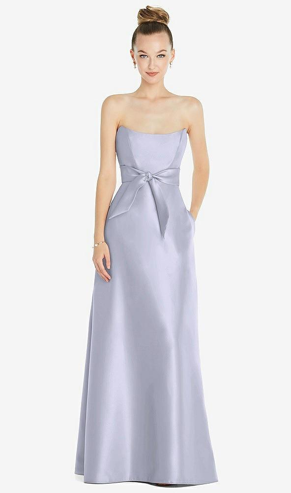 basque-neck strapless satin gown with mini sash