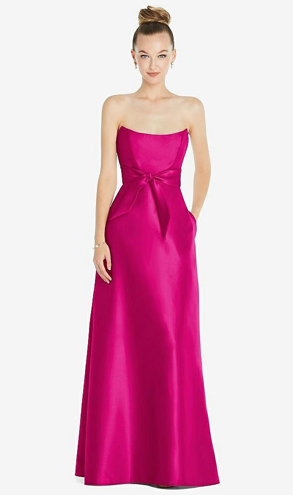 basque-neck strapless satin gown with mini sash