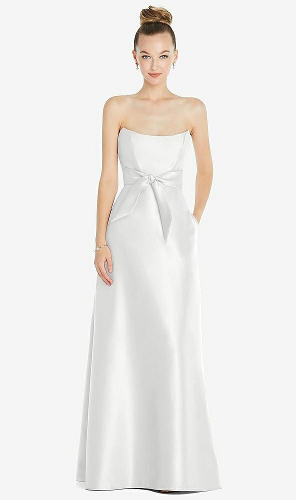 basque-neck strapless satin gown with mini sash