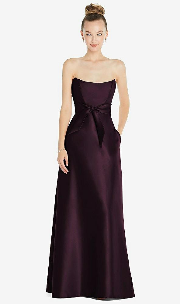 basque-neck strapless satin gown with mini sash