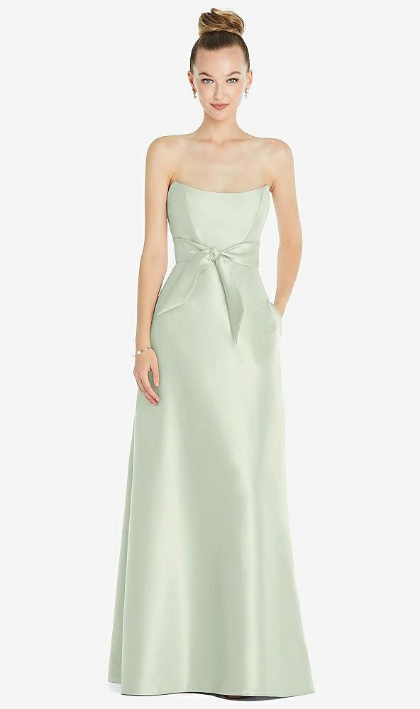 basque-neck strapless satin gown with mini sash