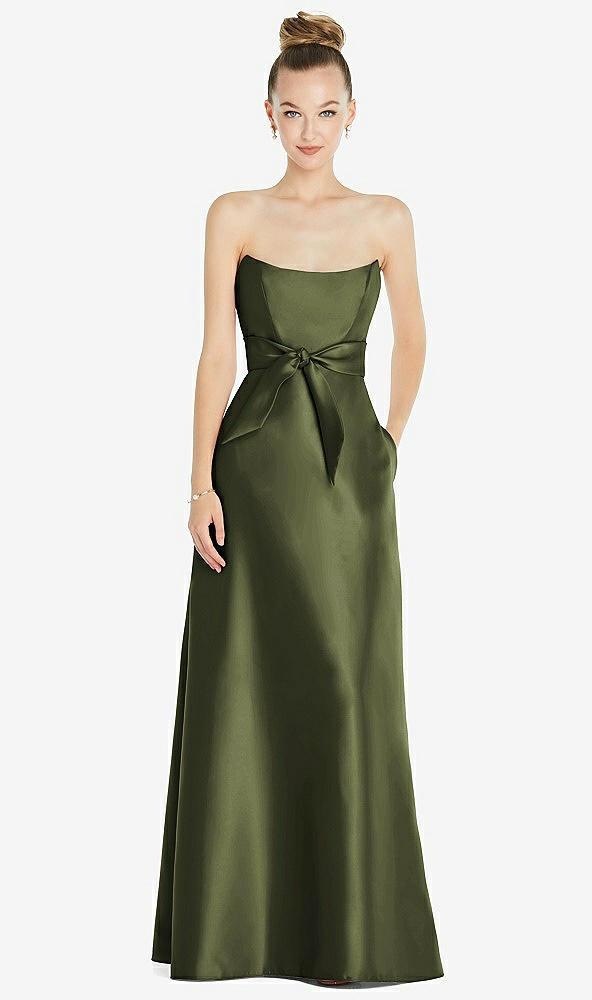 basque-neck strapless satin gown with mini sash