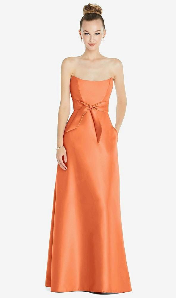 basque-neck strapless satin gown with mini sash