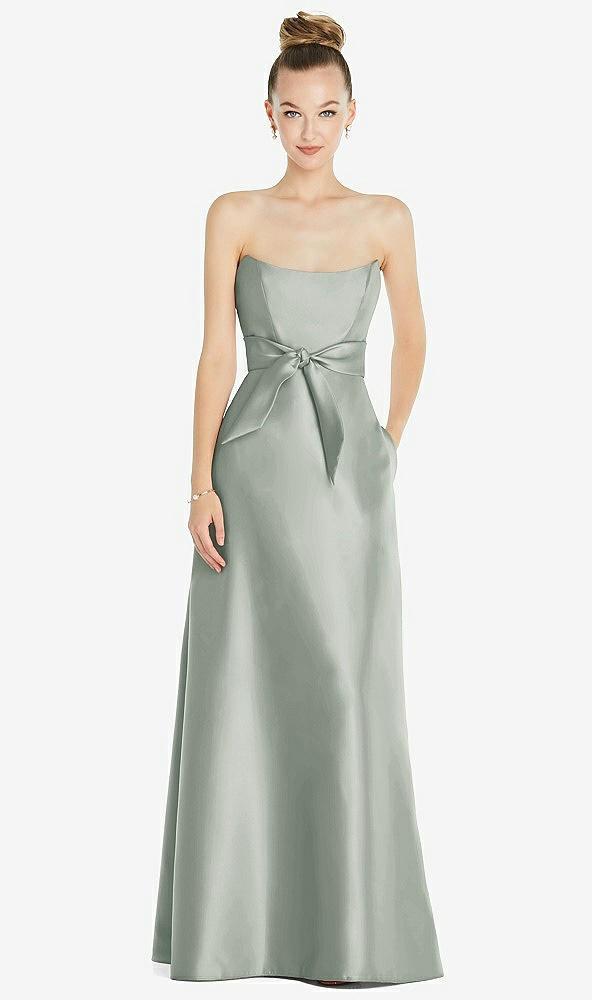 basque-neck strapless satin gown with mini sash