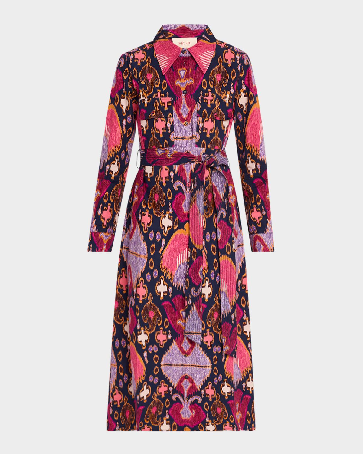 bassa printed long-sleeve belted midi shirtdress