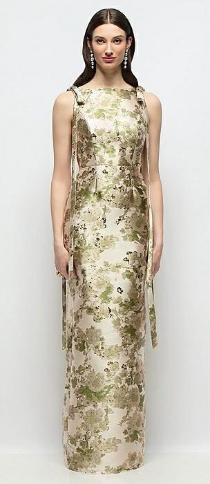 bateau abstract floral jacquard column maxi dress with long tail bow straps