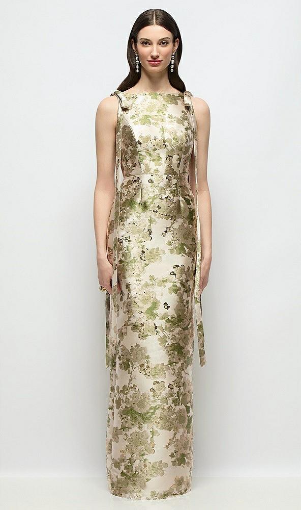 bateau abstract floral jacquard column maxi dress with long tail bow straps