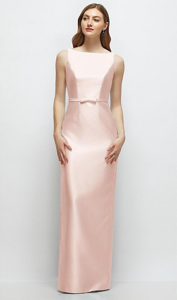 bateau neck satin column dress with bow-trimmed skinny belt