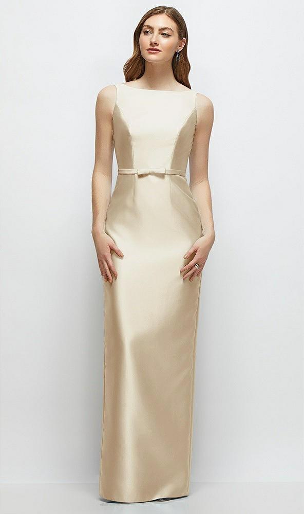 bateau neck satin column dress with bow-trimmed skinny belt