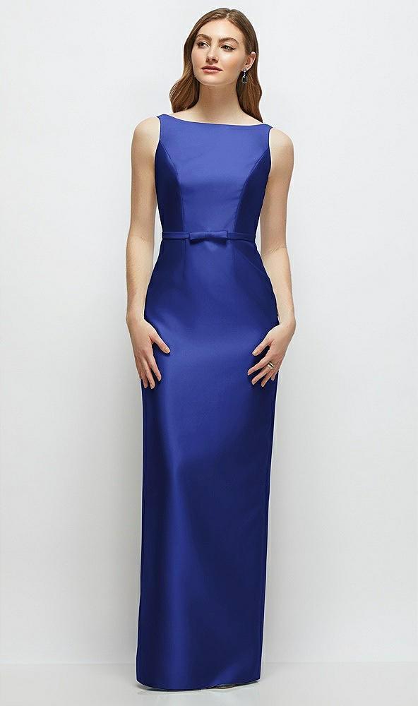 bateau neck satin column dress with bow-trimmed skinny belt