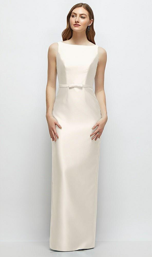 bateau neck satin column dress with bow-trimmed skinny belt
