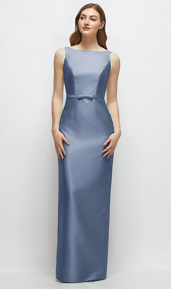 bateau neck satin column dress with bow-trimmed skinny belt