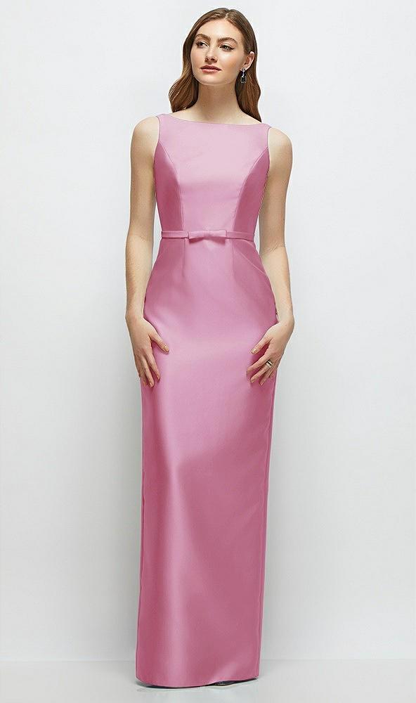 bateau neck satin column dress with bow-trimmed skinny belt
