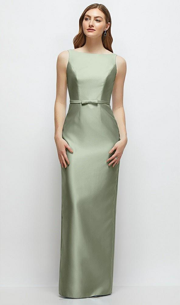 bateau neck satin column dress with bow-trimmed skinny belt