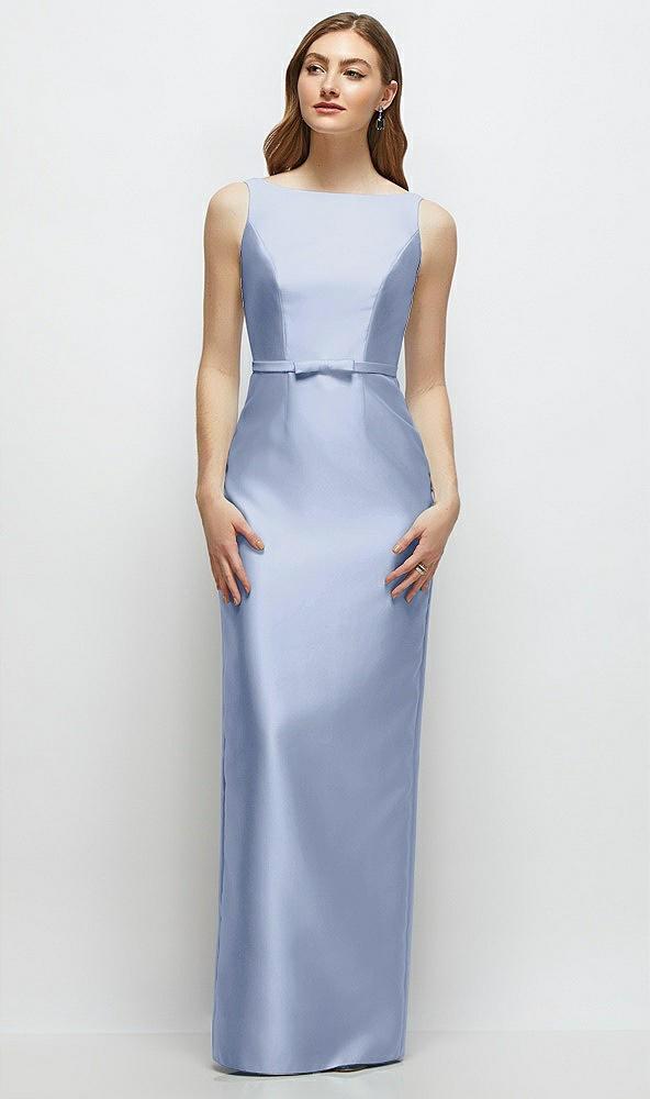 bateau neck satin column dress with bow-trimmed skinny belt