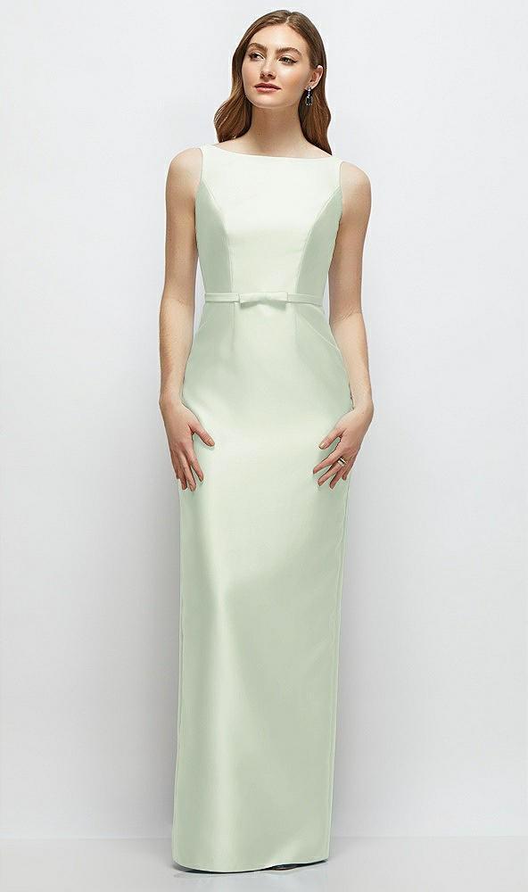 bateau neck satin column dress with bow-trimmed skinny belt