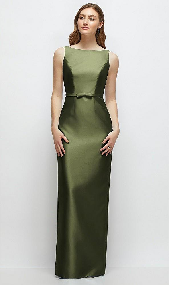 bateau neck satin column dress with bow-trimmed skinny belt