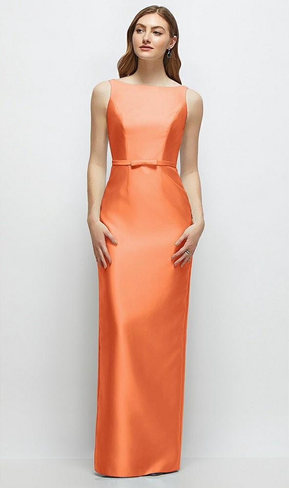 bateau neck satin column dress with bow-trimmed skinny belt