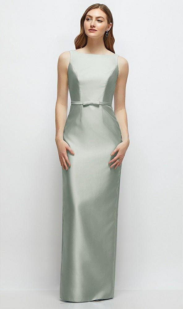 bateau neck satin column dress with bow-trimmed skinny belt