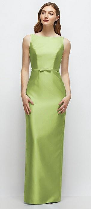 bateau neck satin column dress with bow-trimmed skinny belt