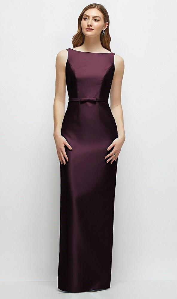 bateau neck satin column dress with bow-trimmed skinny belt