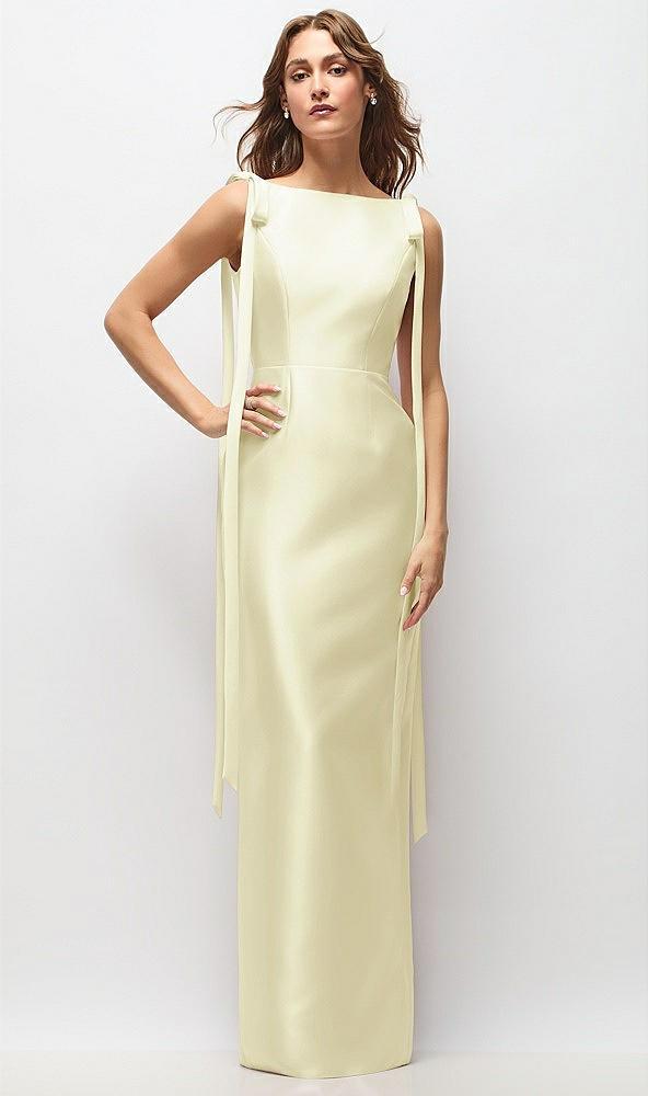 bateau neck satin column maxi dress with exaggerated tail bow straps