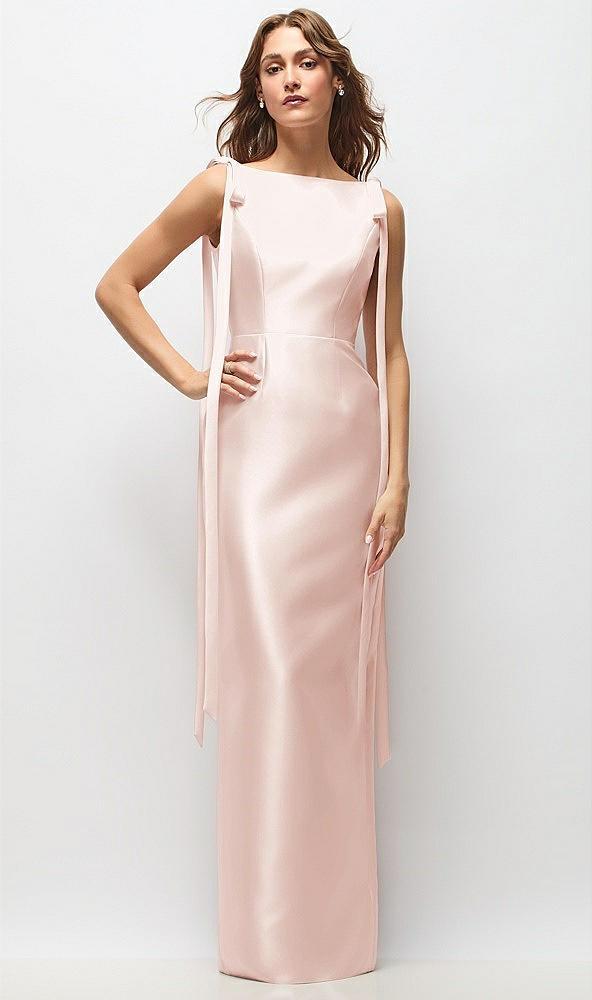 bateau neck satin column maxi dress with exaggerated tail bow straps