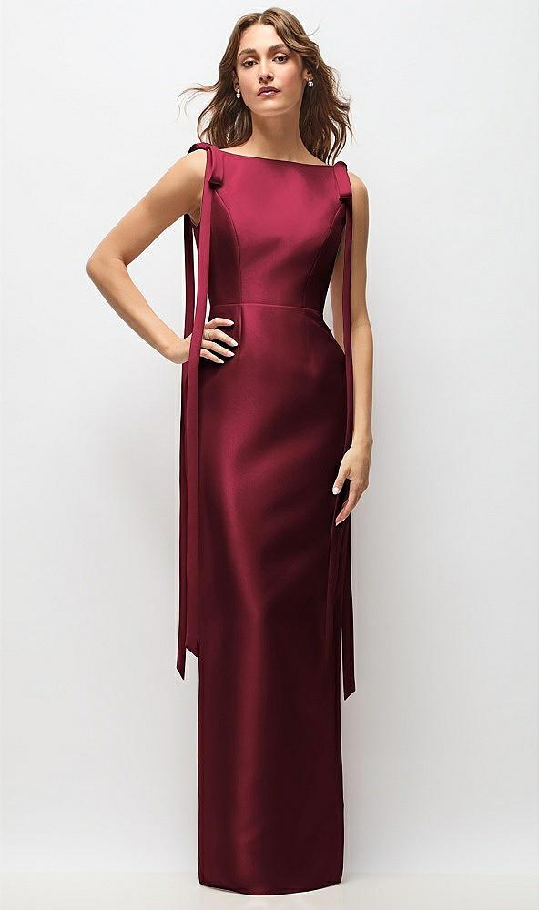bateau neck satin column maxi dress with exaggerated tail bow straps