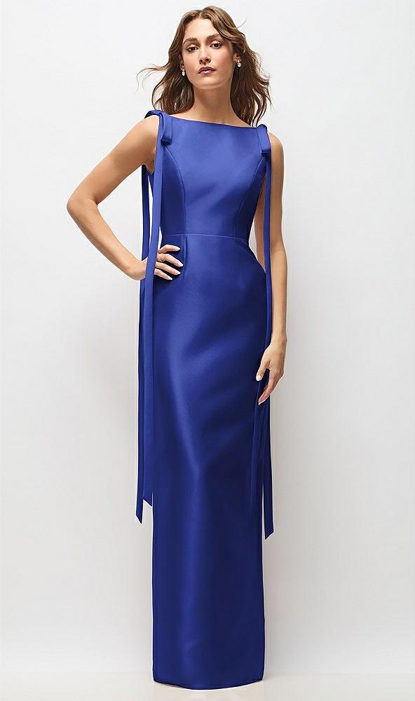 bateau neck satin column maxi dress with exaggerated tail bow straps