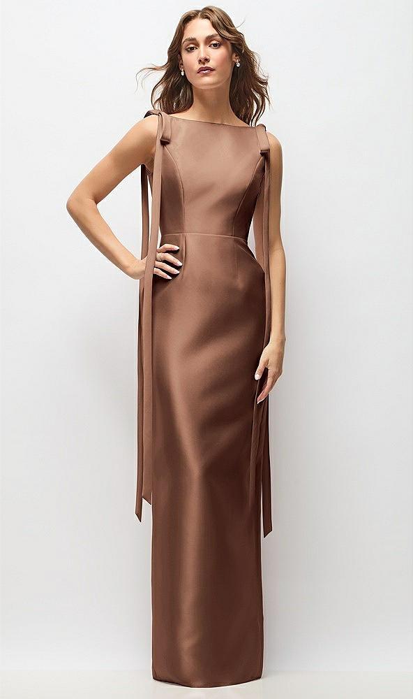 bateau neck satin column maxi dress with exaggerated tail bow straps