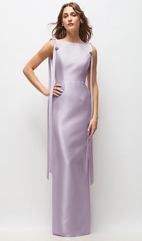 bateau neck satin column maxi dress with exaggerated tail bow straps