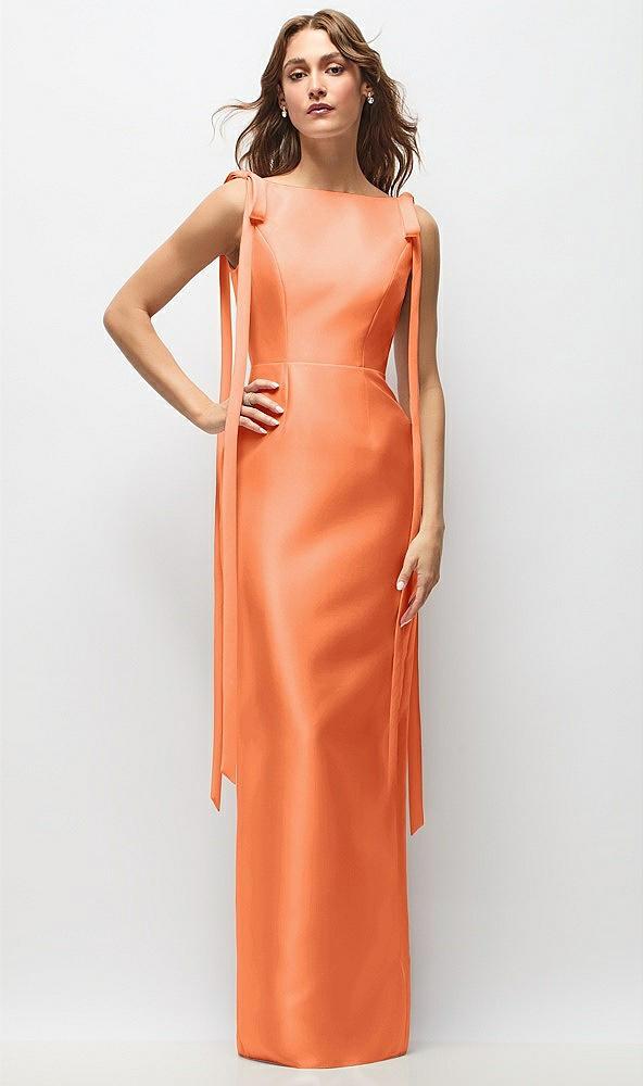 bateau neck satin column maxi dress with exaggerated tail bow straps