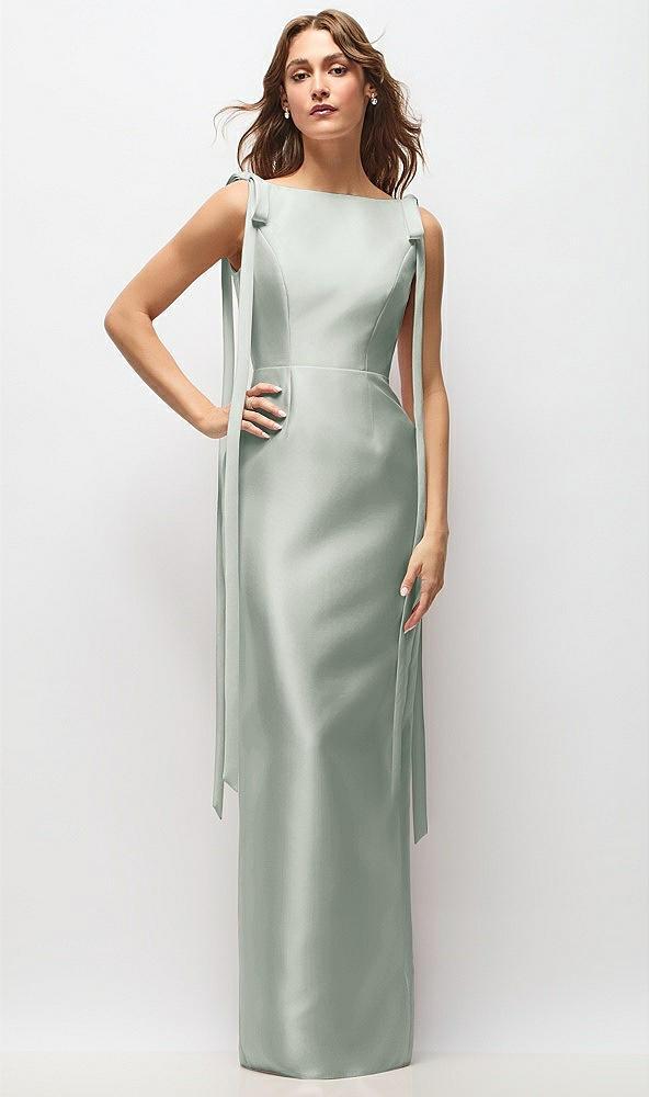 bateau neck satin column maxi dress with exaggerated tail bow straps