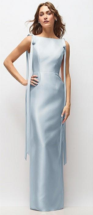 bateau neck satin column maxi dress with exaggerated tail bow straps