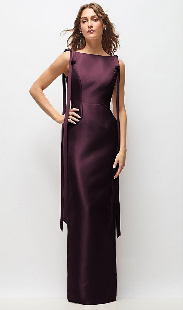 bateau neck satin column maxi dress with exaggerated tail bow straps