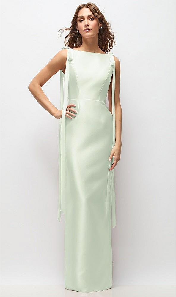 bateau neck satin column maxi dress with exaggerated tail bow straps