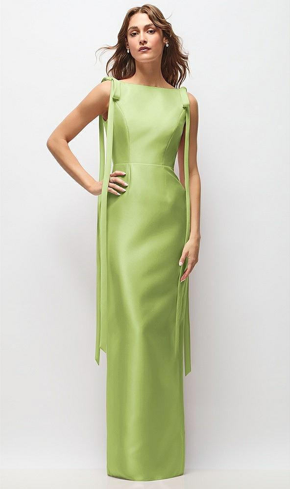 bateau neck satin column maxi dress with exaggerated tail bow straps