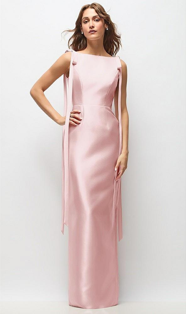 bateau neck satin column maxi dress with exaggerated tail bow straps
