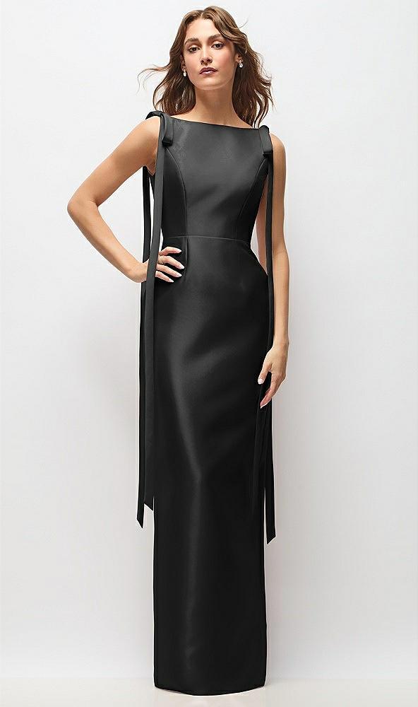 bateau neck satin column maxi dress with exaggerated tail bow straps