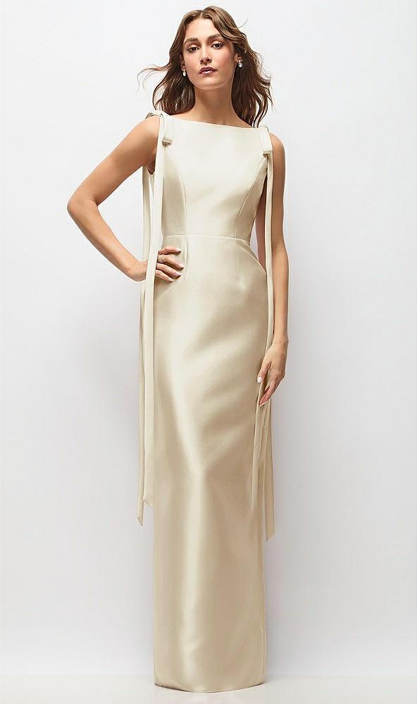 bateau neck satin column maxi dress with exaggerated tail bow straps