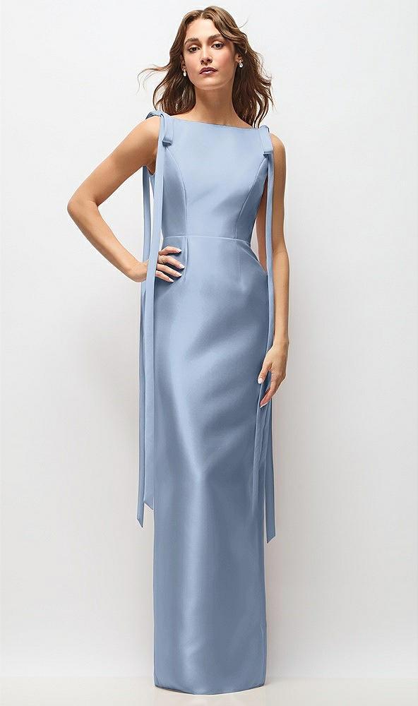 bateau neck satin column maxi dress with exaggerated tail bow straps