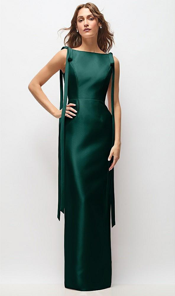 bateau neck satin column maxi dress with exaggerated tail bow straps