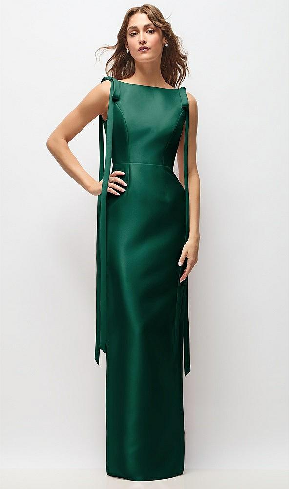 bateau neck satin column maxi dress with exaggerated tail bow straps