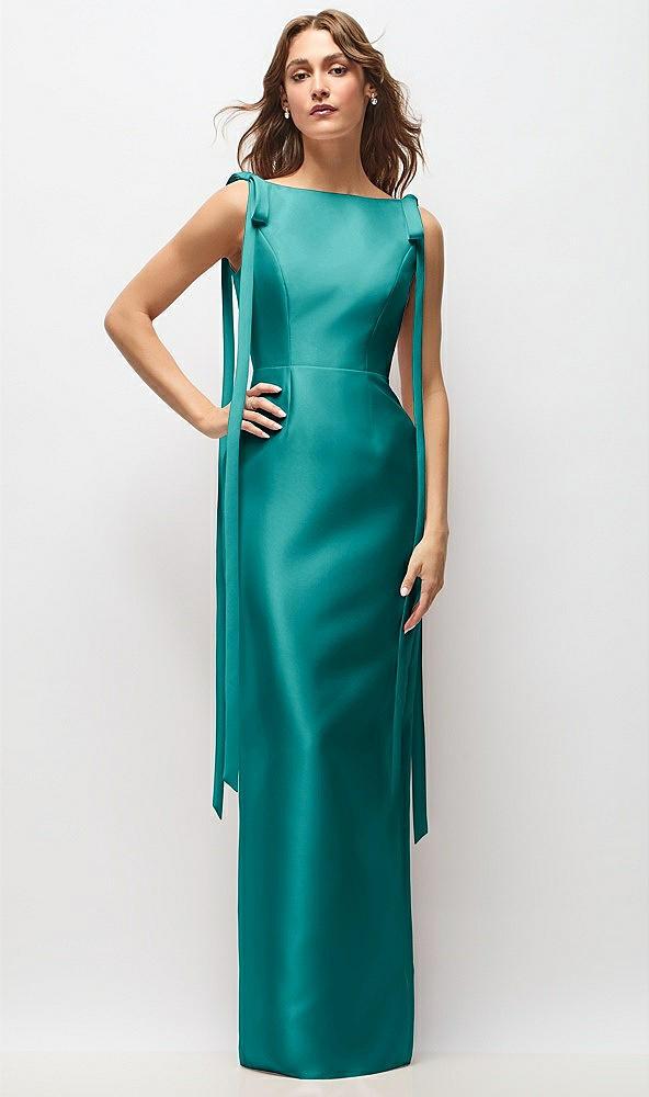bateau neck satin column maxi dress with exaggerated tail bow straps