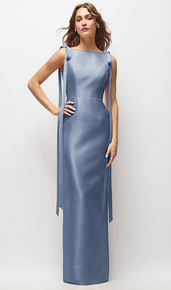 bateau neck satin column maxi dress with exaggerated tail bow straps