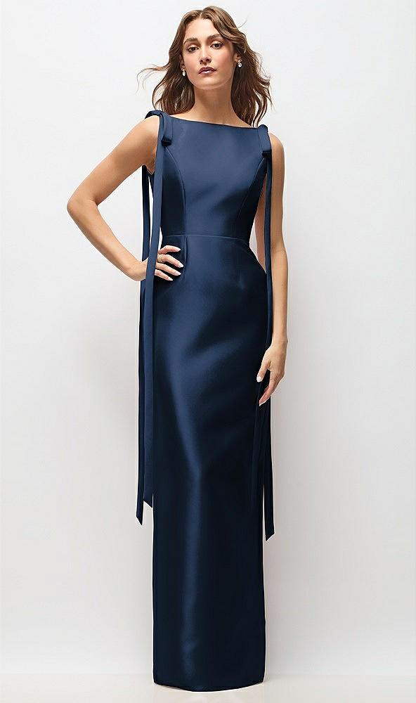 bateau neck satin column maxi dress with exaggerated tail bow straps