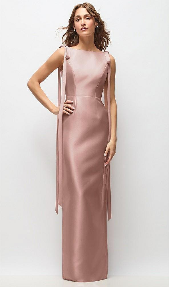 bateau neck satin column maxi dress with exaggerated tail bow straps