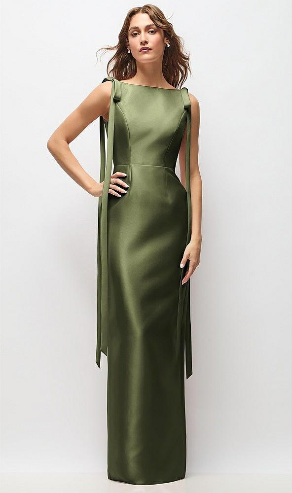 bateau neck satin column maxi dress with exaggerated tail bow straps