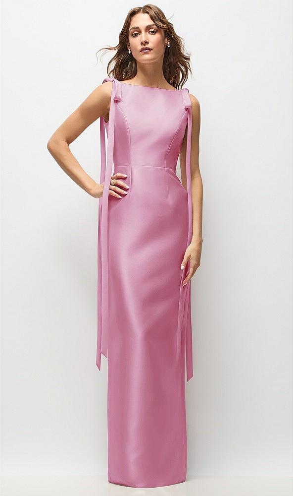 bateau neck satin column maxi dress with exaggerated tail bow straps