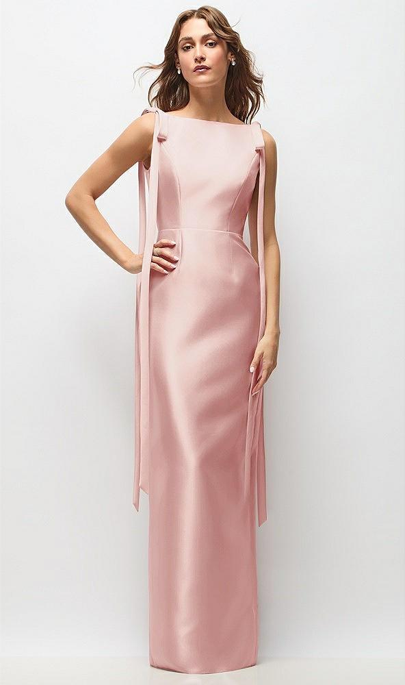 bateau neck satin column maxi dress with exaggerated tail bow straps